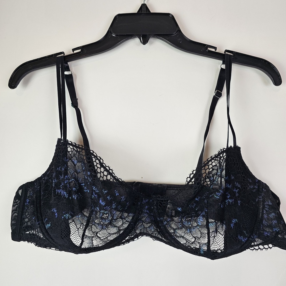 Adore Me Black Blue Lace Floral Underwire Bra 38D Sexy Date Night Lingerie Sheer
